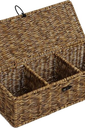 Waterproof Wicker Storage Basket with Lid, Rectangular Tank Woven Baskets with Sections, Decorative Box for Tampon Holder Snack Toys Bathroom (Brown)