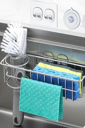 3-In-1 Sponge Holder for Kitchen Sink with Suction Cups & Adhesive Hook, In-sink Sponge Holder, Wall Hanging Sink Caddy Organizer Rack - Sponge, Dish Cloth, Brush, Scrubber - 304 Stainless Steel