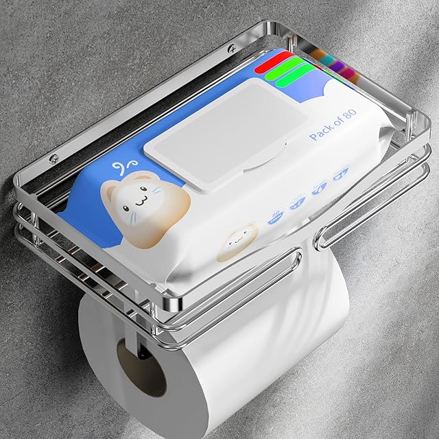 Brushed Stainless Steel Toilet Paper Holder with Large Shelf, Self Adhesive Wall Mounted Toilet Paper Roll Holder, Rustproof Tissue Roll Holder with Shelf for Bathroom, Washroom, Kitchen, RV