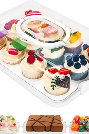 Cupcake Containers with Lid Rectangular Cake Carrier 3-in-1 Multipurpose Cupcake Holder for Muffins Pies Sweets Pastries Fruit or Snacks (White, 13" x 9" x 4")