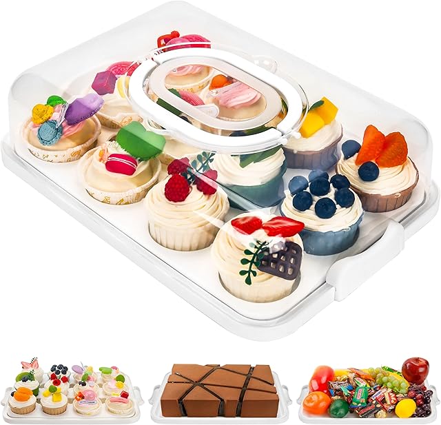 Cupcake Containers with Lid Rectangular Cake Carrier 3-in-1 Multipurpose Cupcake Holder for Muffins Pies Sweets Pastries Fruit or Snacks (White, 13" x 9" x 4")