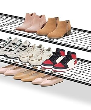 AOODA Long 2 Tier Shoe Rack for Closet Metal Wide Stackable Shoe Storage Organizer for Entryway, Bedroom, Floor, 18-Pairs Low Shoe Shelf, Black