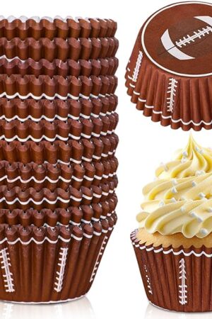 Whaline 300Pcs Rugby Football Cupcake Liners Rugby Pattern Cupcake Wrappers Baking Cups Holders Sports Theme Muffin Baking Liners for Birthday Party Holiday Party Post-match Celebration