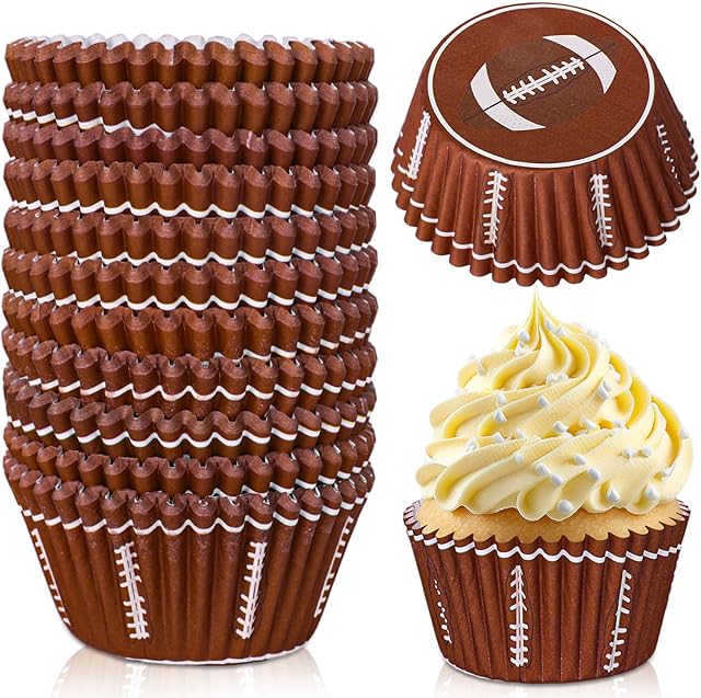 Whaline 300Pcs Rugby Football Cupcake Liners Rugby Pattern Cupcake Wrappers Baking Cups Holders Sports Theme Muffin Baking Liners for Birthday Party Holiday Party Post-match Celebration