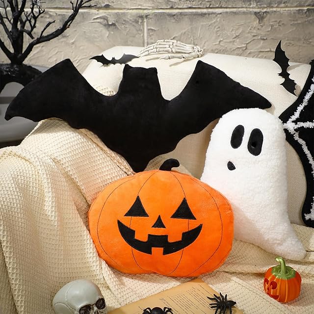 Huwena 3 Pcs Happy Halloween Pillow Pumpkin Ghost Bat Shaped Throw Pillow Crystal Velvet Wool Decorative Cushion Pillowcase for Couch Sofa Bed Decoration(Black, White, Orange)