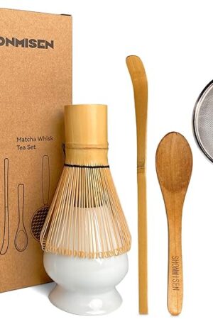 Bamboo Matcha Whisk Set -Matcha Whisk (Chasen),Whisk Holder(White),Sifter,Tea Scoop and Tea Spoon