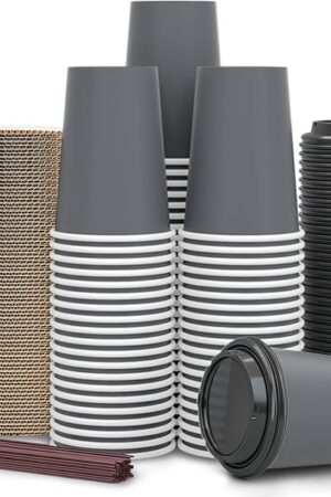 ?100 Pack - 12 oz Disposable Coffee Cups To Go with Lids Sleeves and Straws 100% Biodegradable & Compostable Pla Eco Friendly Paper Coffee Cups for Tea Coffee Hot Chocolate