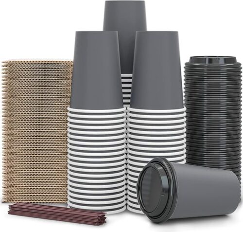?100 Pack - 12 oz Disposable Coffee Cups To Go with Lids Sleeves and Straws 100% Biodegradable & Compostable Pla Eco Friendly Paper Coffee Cups for Tea Coffee Hot Chocolate