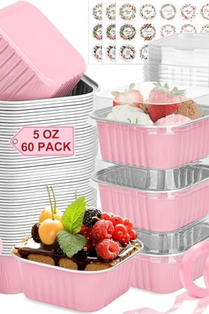 60 Pack Mini Cake Pans with Lids and Spoons, 5oz Square Aluminum Foil Loaf Pans Pink Small Cake Tins Disposable Baking Pans Dessert Cupcake Cups with Ribbon Decals for Wedding Birthday Party Picnics