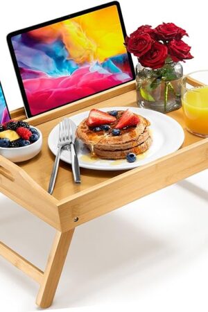 Bed Table Tray with Folding Legs, Laptop Holder and Handles - Breakfast Tray Bamboo Bed Tray for Eating, Sofa, Bed, Food Trays for Eating on Couch, Snacking and Working