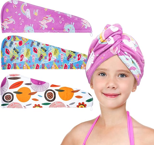 ELLEWIN Microfiber Hair Drying Towels for Kids, 3 Pack Wet Hair Towel Wrap Turban for Girls Children Women, Quick Dry Twisty Hair Towels Wrap for Curly Long Thick Hair Anti Frizz