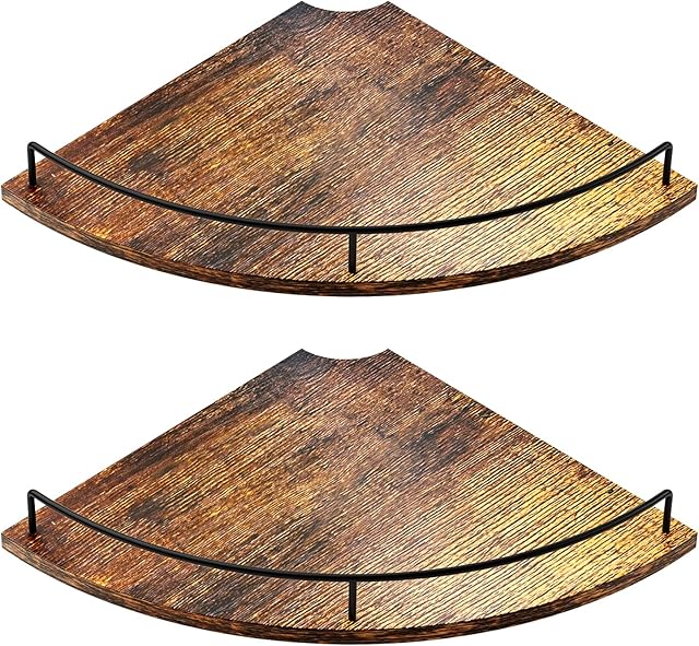 Corner Floating Shelves, Rustic Brown Wood, Set of 2, Wall Mount Storage with Guardrail for Bathroom Kitchen Living Room