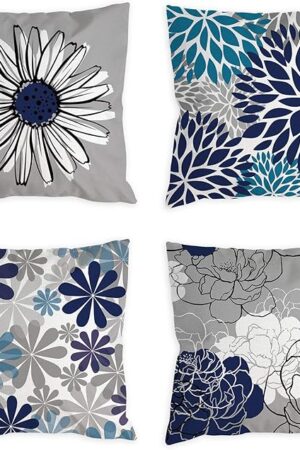 COLORPAPA Blue Pillow Covers 18x18 Set of 4 Grey Decorative Throw Pillow Cover for Couch Modern Daisy Pillows Case for Living Room Cushion Bed Outdoor Navy Blue and Gray Home Decor