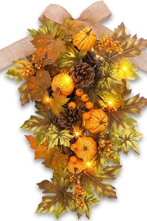 24" Pre-lit Decorative Teardrop Swag, Battery Operated Autumn Theme Swag with Fairy Lights, Artificial Small Pumpkin, Flaxen Bow, Natural Rattan, Orange Berries, Maple Leaves (Pumpkin)