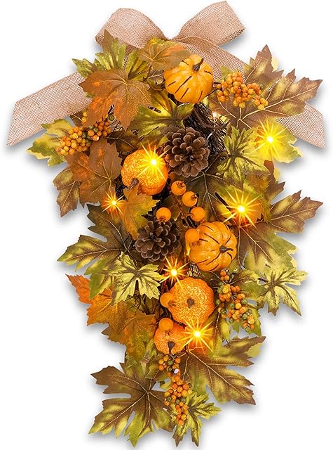 24" Pre-lit Decorative Teardrop Swag, Battery Operated Autumn Theme Swag with Fairy Lights, Artificial Small Pumpkin, Flaxen Bow, Natural Rattan, Orange Berries, Maple Leaves (Pumpkin)
