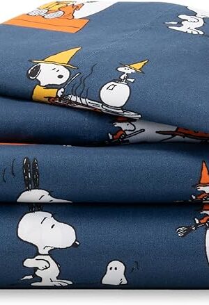 Berkshire Blanket Peanuts® Kids Sheet Set Full Size - 4 Pieces,Cute Character Snoopy Printed Soft Microfiber Bed Sheets,Halloween Magic Potions Sheet Navy