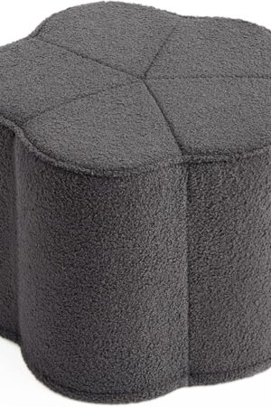 Blissful Diary Flower Pouf Ottoman, Comfy Floral Ottoman for Living Room, Bedroom, Kids Room, Charm Floor Pouf for Home Decor, Full Foam Filling Foot Rest for Couch, Dark Grey