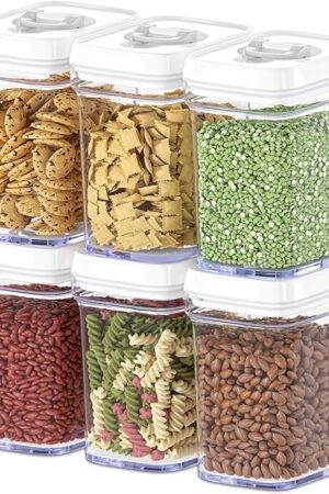 DWËLLZA KITCHEN Airtight Food Storage Containers for Pantry With White Lids – 6 Pack - Clear Air Tight Kitchen Containers Pantry Organization and Storage - BPA-Free Plastic - Keeps Food Fresh & Dry