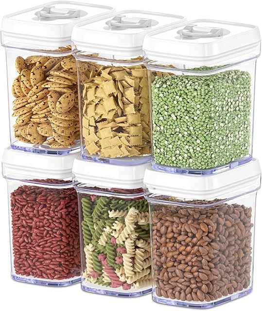 DWËLLZA KITCHEN Airtight Food Storage Containers for Pantry With White Lids – 6 Pack - Clear Air Tight Kitchen Containers Pantry Organization and Storage - BPA-Free Plastic - Keeps Food Fresh & Dry