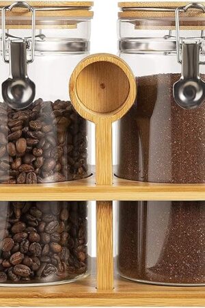 Yangbaga Ground Coffee Storage Container with Shelf, 2×45OZ Glass Coffee and Sugar Container Set, Coffee Canisters with Airtight Lids and Scoop, Food Storage Jars for Kitchen,Nuts,Tea,Sugar