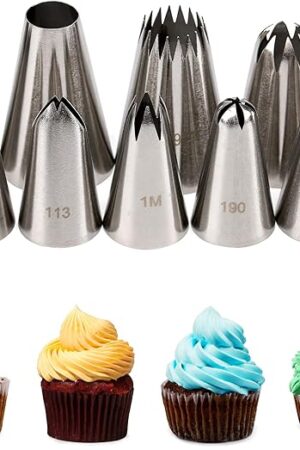 Cake Decorating Icing Piping Tip Set, 10 X-large Decorating Tips Stainless Steel Plus 20 Disposable Pastry Bags