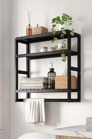 3 Tier Wall Mounted Over The Toilet Storage Bathroom Shelves Corner Shelf Bamboo Black