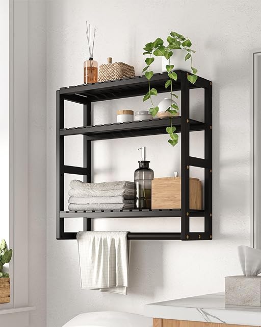 3 Tier Wall Mounted Over The Toilet Storage Bathroom Shelves Corner Shelf Bamboo Black
