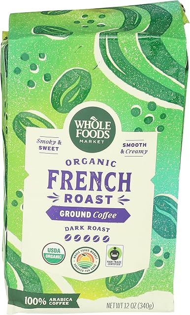 Whole Foods Market, Organic Ground Coffee, Dark French Roast, Smoky & Sweet, Smooth & Creamy, 12 Ounce
