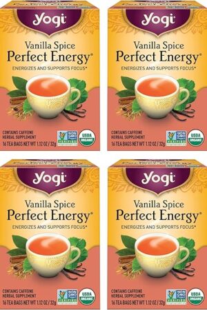 Yogi Tea Vanilla Spice Perfect Energy - 4 Packs (16 Bags/Pack) | With Ashwagandha & L-Theanine | Contains Green & Black Tea | Organic Vanilla Energy for Focus