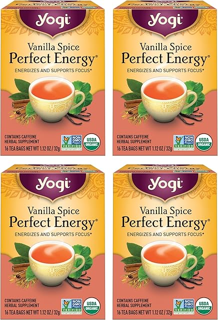Yogi Tea Vanilla Spice Perfect Energy - 4 Packs (16 Bags/Pack) | With Ashwagandha & L-Theanine | Contains Green & Black Tea | Organic Vanilla Energy for Focus
