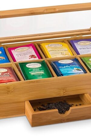 BAMBUSI Tea Bag Organizer - Bamboo Tea Box Storage with Drawer & Acrylic Window, Tea Organizer Holder, Tea Bag Holder, Tea Storage Box, Tea Box Organizer, Gift Idea for Home Kitchen (Tea Not Included)