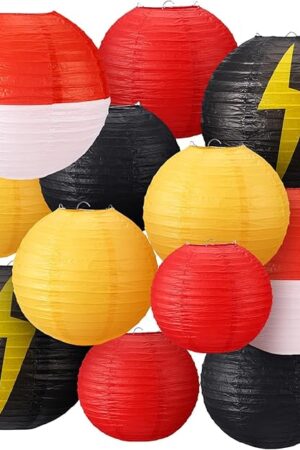 Weysat 12 Pcs Cartoon Ball Animation Themed Hanging Paper Lanterns Cartoon Game Anime Themed Red Black Yellow and White Round Lantern Decorations for Birthday Party Shower Classroom Home Decor