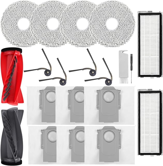 20 Pack Qrevo S5V Accessories Replacement Parts for Roborock Qrevo S5V /Curv/Curv S5X / Edge/Edge S5A Vacuum Cleaner, 1 Main Brush, 4 Mop Cloth Pads, 4 Side Brushes, 2 HEPA Filters, 6 Bags, 2 tool