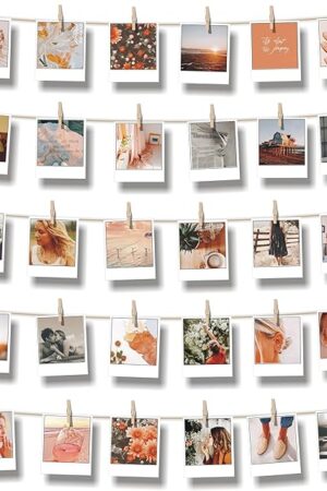 BIZYAC Hanging Photo Display Room Wall Decor - Sculptural Picture Frames Collage - 5 Strings with 30 Clips - 3M Self Adhesive Hooks - No Holes Drilling - 30 x 30 inch