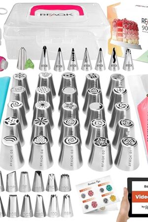 90 Pieces Russian Piping Tips Set, Includes Piping Bags and Tips Set,25 Russian Tips,16 Icing Tips,7 Ruffle Piping Tips, Ball Tip, 31 Pastry Bags & Video Course for Cookie, Cupcake & Cake Decoration