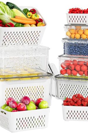 6 Pcs Large Fruit Containers For Fridge, Airtight Food Storage Containers with Removable Colander, Dishwasher & Microwave Safe, Berry Produce Container Keep Vegetable, Fruit, Meat Fresh Longer