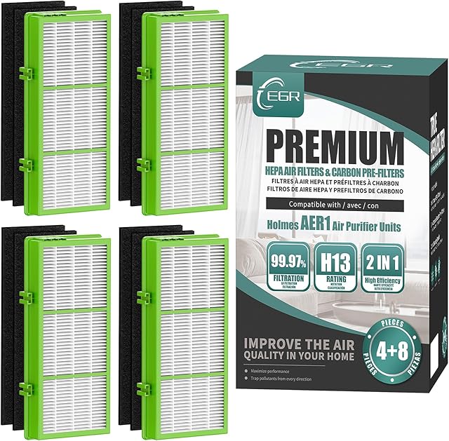 EGR AER1 Filter Replacement for Holmes, HAPF300AH Remover Filter Compatible with Holmes Air Purifier HAPF300AH-U4R, HAP242-NUC (4 Performance Filters + 8 Pre Filters)