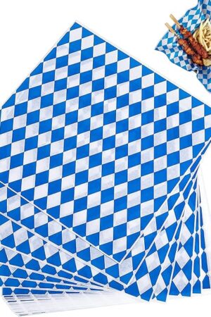 Watayo 100PCS Blue&White Wax Checkered Food Wrapping Papers-Checkered Grease Resistant Liners for Oktoberfest Plasic Food Basket of Wrapping Bread and Sandwiches Restaurants, BBQs(100pcs)