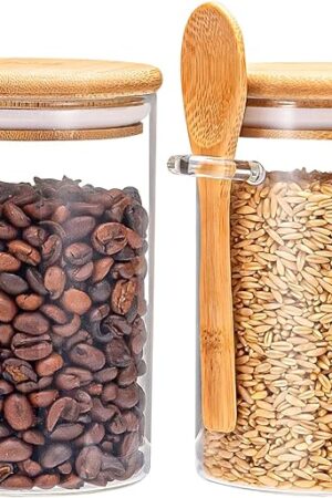Airtight Food Storage Containers, Glass Canister With Wooden Spoon and Lids, 20 Oz Jars for Serving Bath Salt, Sugar, Spice, Coffee, Tea, Cereals, Condiment (2 Set)