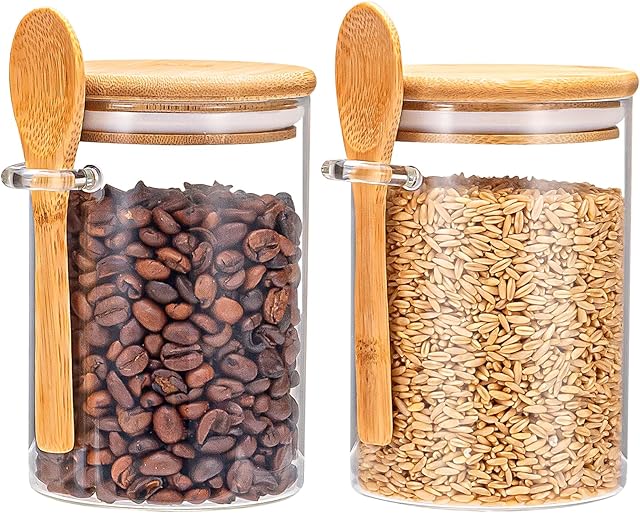 Airtight Food Storage Containers, Glass Canister With Wooden Spoon and Lids, 20 Oz Jars for Serving Bath Salt, Sugar, Spice, Coffee, Tea, Cereals, Condiment (2 Set)
