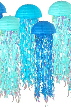 ADLKGG Blue Hanging JellyFish Paper Lanterns - Under The Sea Party & Mermaid Birthday Decorations, VBS Baby Shower, Ocean Theme Classroom & Beach Room Decor (Set of 6)