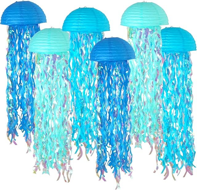 ADLKGG Blue Hanging JellyFish Paper Lanterns - Under The Sea Party & Mermaid Birthday Decorations, VBS Baby Shower, Ocean Theme Classroom & Beach Room Decor (Set of 6)