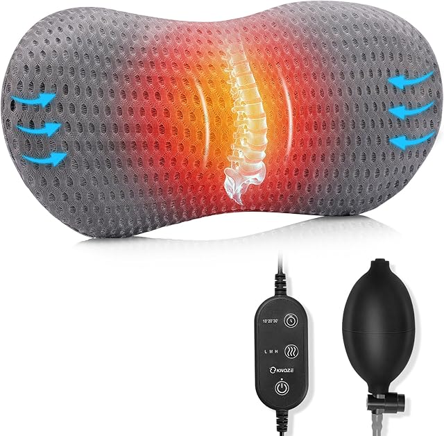 Lumbar Support Pillow Adjustable Traction Height with Heating for Lower Back Pain Relief, Memory Foam Back Pillow, Ideal for Office Chair, Recliner, Car Seat, Bed