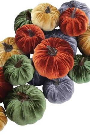 Winlyn 16 Pcs Assorted Small Faux Rustic Harvest Velvet Pumpkins Decorative Rust Orange Gold Olive Gray Fabric Pumpkins Foam Pumpkins Farmhouse Fall Thanksgiving Halloween Table Centerpiece Decor
