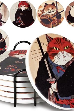 Cat Coasters Ninja Edition - Anime Cat Decor - Set of 6 Drink Coasters with Holder