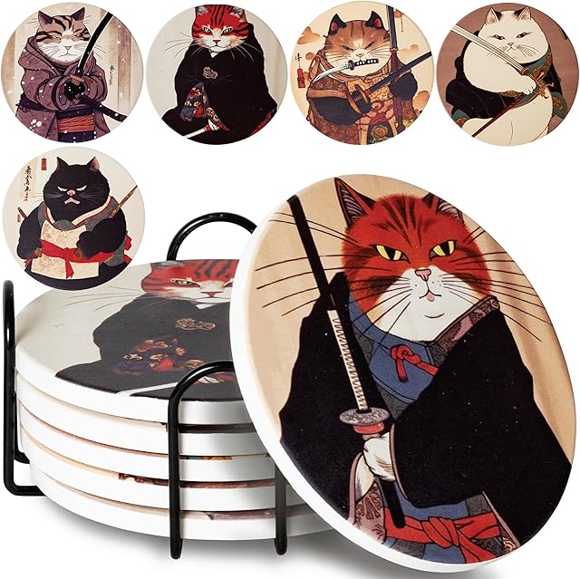 Cat Coasters Ninja Edition - Anime Cat Decor - Set of 6 Drink Coasters with Holder