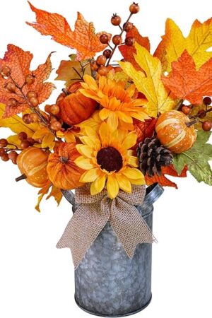 Winlyn 1 Pc Fall Farmhouse Centerpiece Rustic Metal Milk Jug Fall Arrangement Autumn Harvest Orange Artificial Pumpkin Pinecone Sunflower Berry Maple Leaf Centerpiece for Thankgiving Table Decoration