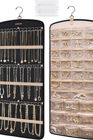 BAGSMART Hanging Jewelry Organizer, Necklace Holder Anti-tangle Earrings Rings Hanger with 20 Jewelry Bags Travel Storage Roll with Pockets Hang on Closet, Wall, Door,1 Piece, Large, Black