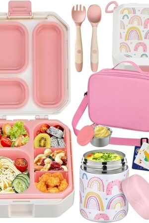 Bento Lunch Box for Kids with 12oz Soup Thermo Leak-Proof Lunch Food Container with 5 Compartment Thermo Hot Food Jar and Insulated Lunch Bag for Kid Toddler Girls Boys to School