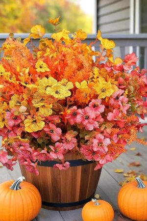 Artificial Fall Flowers for Outdoor, 16 Bundles Fake Fall Mums Silk Flowers UV Resistant, Look Real Faux Daisy for Front Door Porch Patio Yard Balcony Halloween Autumn Decor, Mix